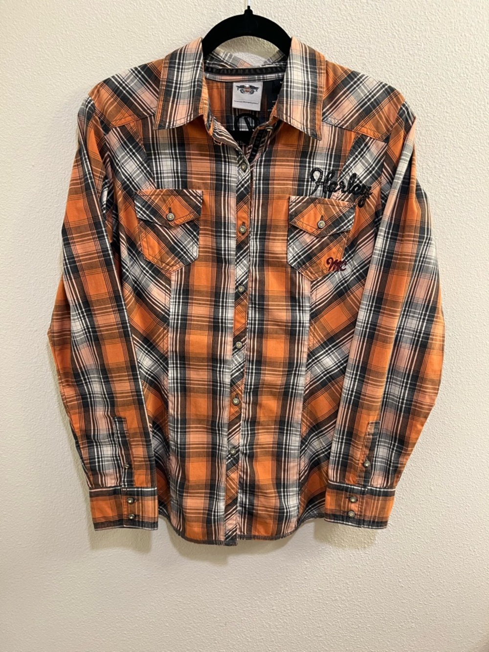 Harley Davidson Plaid Embroidered Shirt Rhinestone Buttons Medium